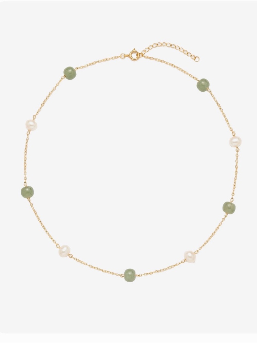 Gold Chain Necklace with Green Jade Beads and White Pearls